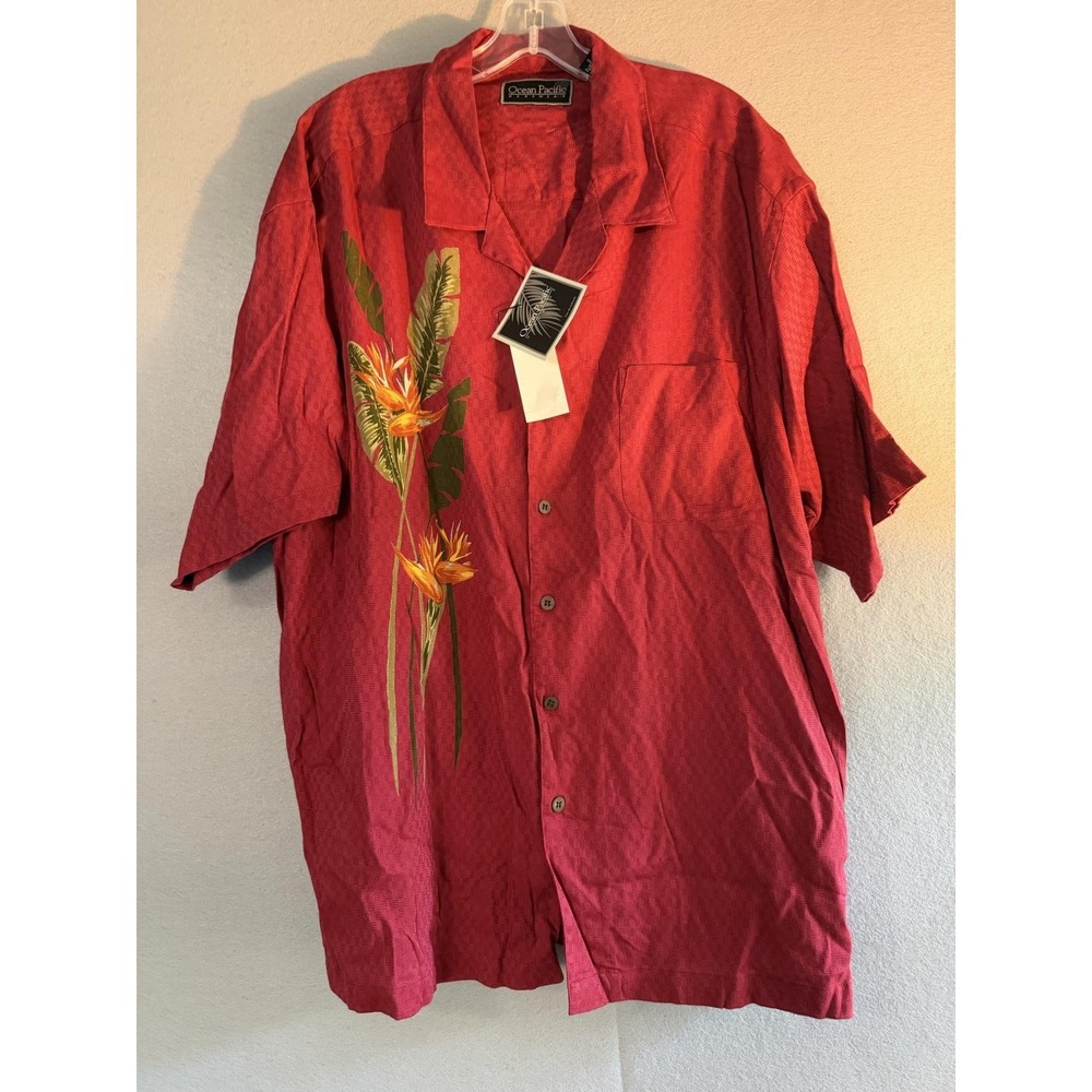 Ocean Pacific Shirt Mens 2XL Red Bird Of Paradise Hawaiian Button Up Floral